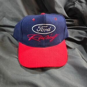 VINTAGE Ford Racing Hat Cap Snap Back Blue Red Script Made in the USA Adult 90s
